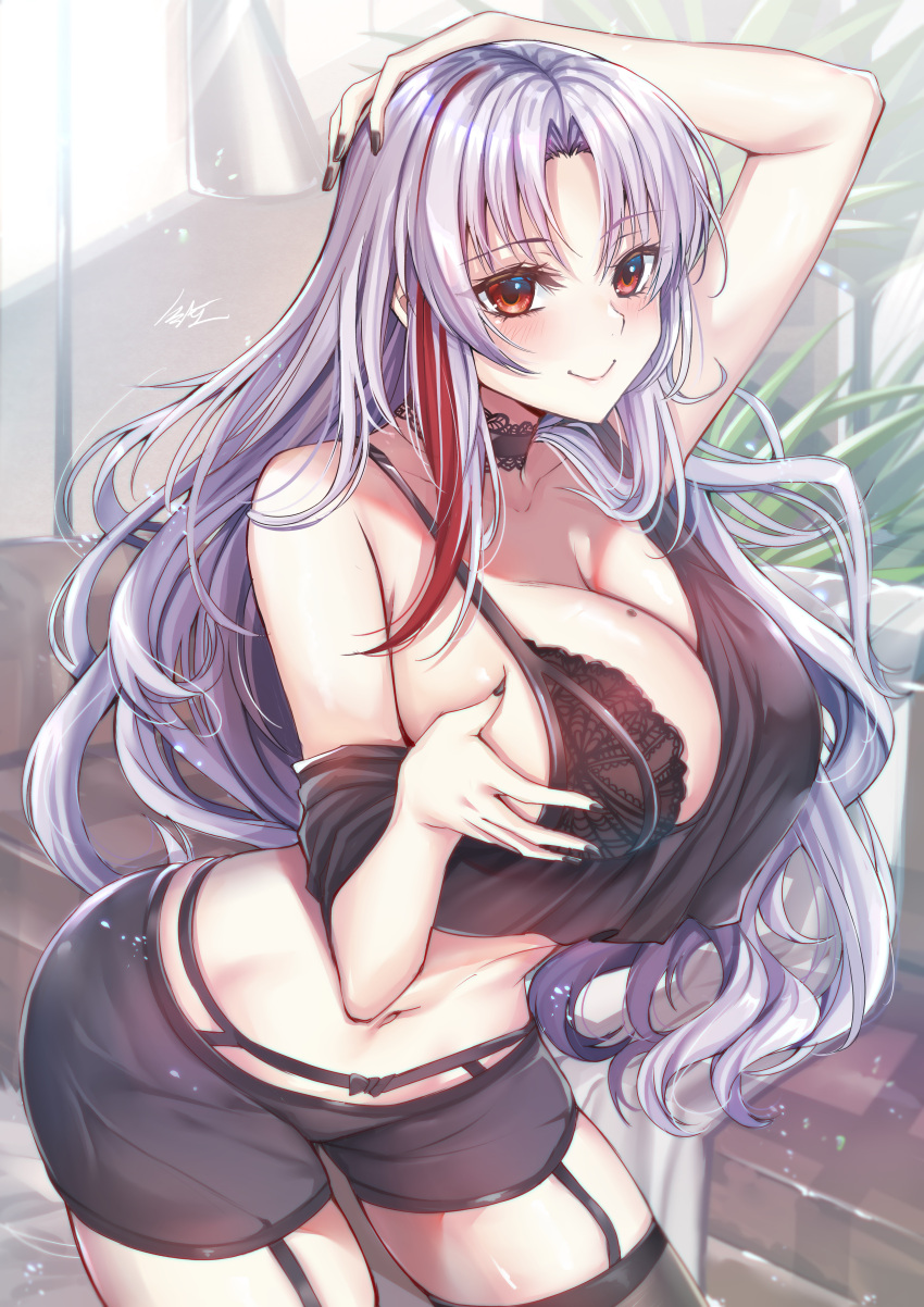 1girl absurdres arm_behind_head arm_up azur_lane bare_shoulders black_bra black_choker black_legwear black_nails black_shirt black_shorts bra breasts choker cleavage cowboy_shot crop_top crop_top_overhang garter_belt gu_li highres lace_trim large_breasts leaning_forward lingerie long_hair looking_at_viewer midriff mole mole_on_breast multicolored_hair nail_polish navel off-shoulder_shirt off_shoulder red_eyes self_fondle shirt short_shorts shorts smile solo stomach streaked_hair tallinn_(azur_lane) thighhighs thighs underwear very_long_hair white_hair