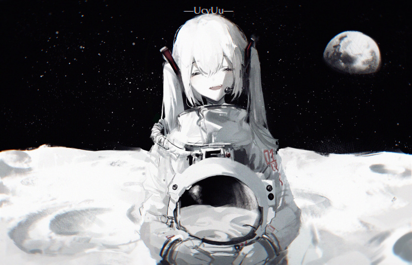 1girl closed_eyes commentary crater earth_(planet) facing_viewer hair_ornament hatsune_miku headset headwear_removed helmet helmet_removed highres holding holding_helmet konya_karasu_kou long_hair moon open_mouth planet reflection smile solo space space_helmet spacesuit spot_color star_(sky) twintails upper_body very_long_hair vocaloid