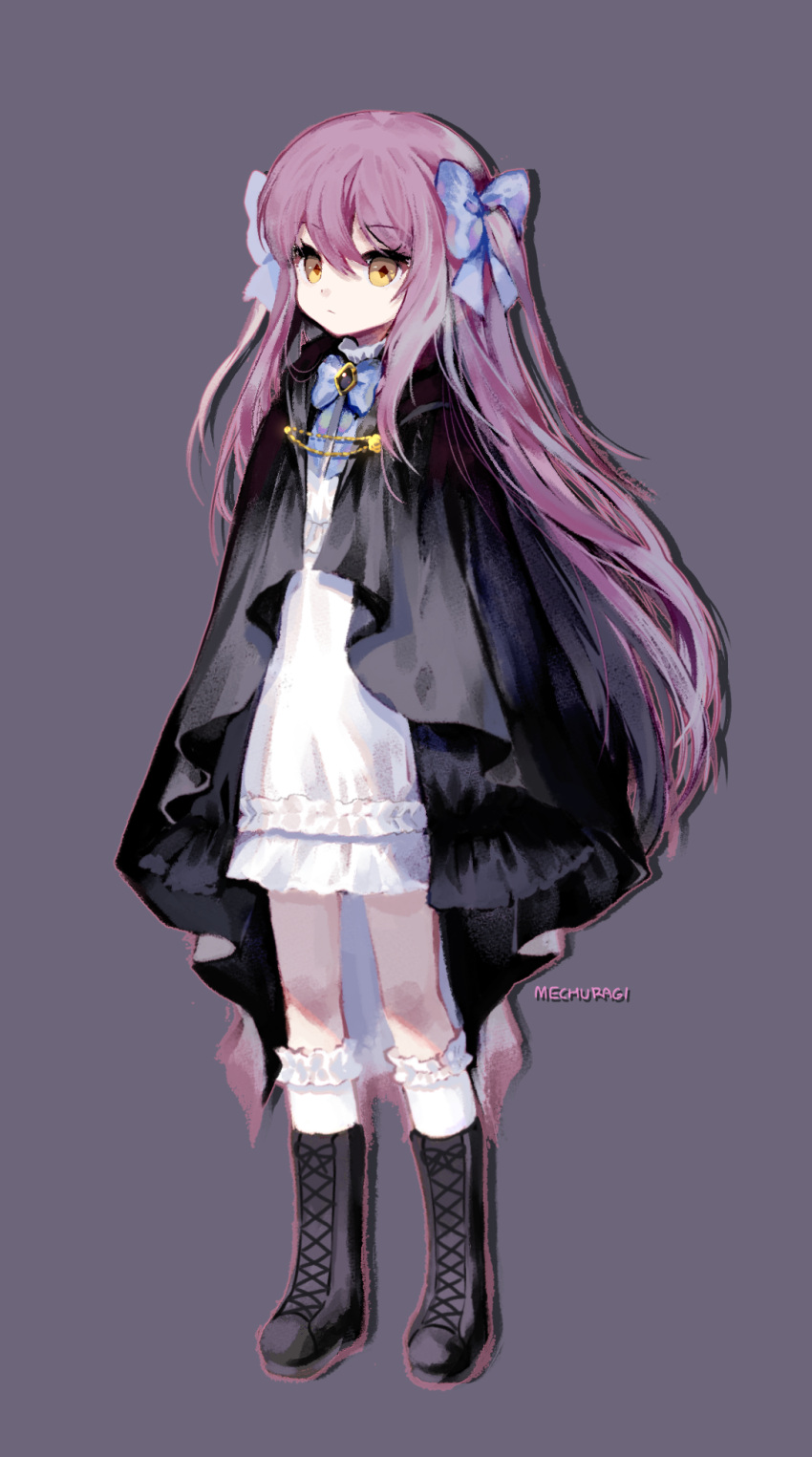 1girl black_cloak blue_ribbon boots cloak closed_mouth cross-laced_footwear diamond-shaped_pupils diamond_(shape) dress expressionless frilled_dress frilled_legwear frills full_body hair_between_eyes hair_ribbon highres lace-up_boots long_hair mechuragi original pink_hair ribbon socks solo standing symbol-shaped_pupils white_dress white_legwear yellow_eyes