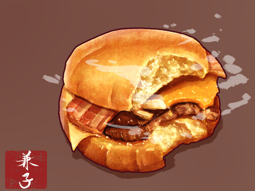 bacon bread_bun brown_background cheese food food_focus hamburger highres kaneko_ryou meat no_humans original pastry realistic simple_background steam still_life translation_request