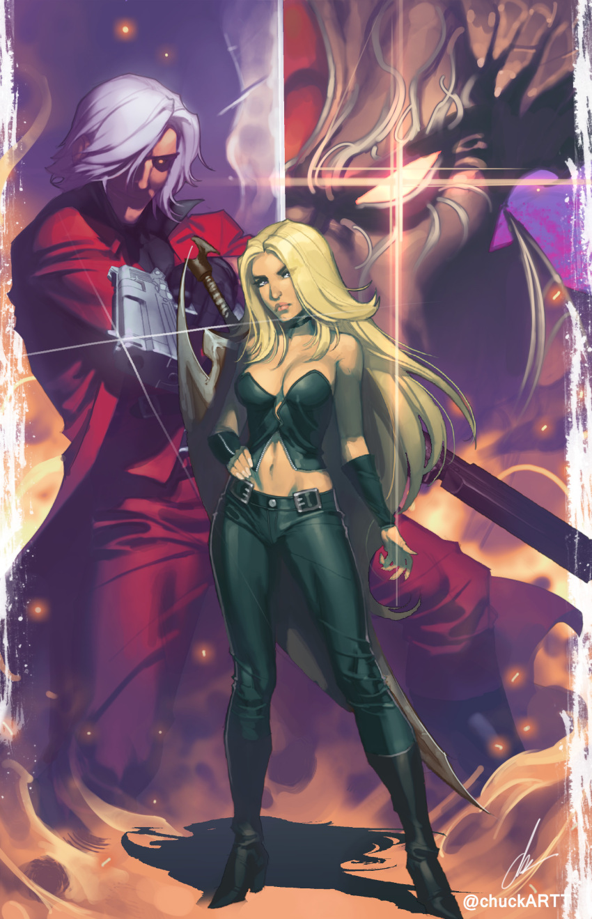 1boy 1girl absurdres black_pants blonde_hair boots breasts chuck_pires cleavage dante_(devil_may_cry) devil_may_cry devil_may_cry_1 dual_wielding glowing glowing_eye gun hair_over_one_eye handgun high_heel_boots high_heels highres holding jacket long_hair pants red_eyes red_jacket standing sword sword_behind_back trish_(devil_may_cry) very_long_hair weapon