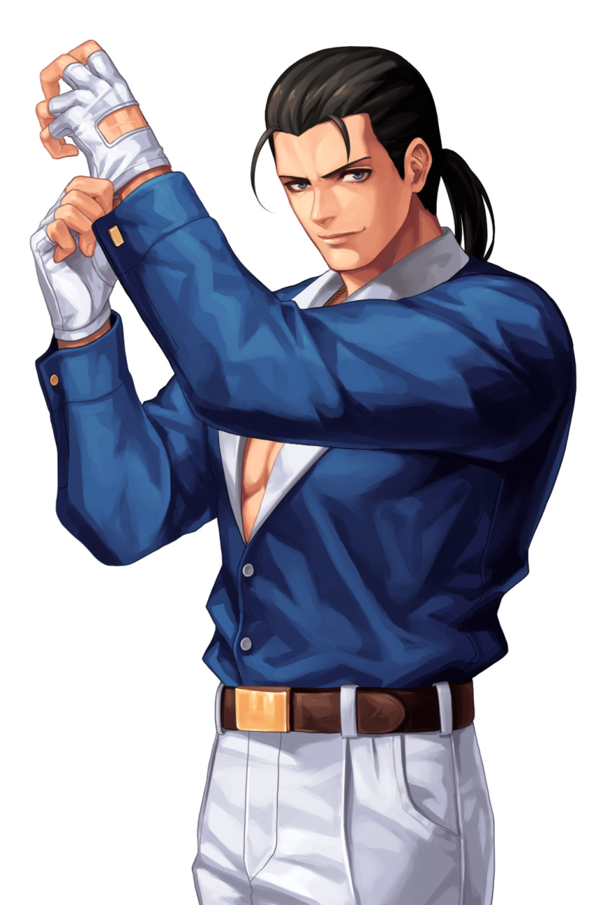 1boy adjusting_clothes adjusting_gloves belt black_hair blue_eyes blue_shirt brown_belt buttons closed_mouth collared_shirt commentary_request evilgun fingerless_gloves fingernails gloves hands_up highres lips long_hair long_sleeves looking_at_viewer male_cleavage male_focus pants pectorals ponytail robert_garcia ryuuko_no_ken shirt shirt_tucked_in simple_background smile solo standing the_king_of_fighters the_king_of_fighters_'97 white_background white_gloves white_pants