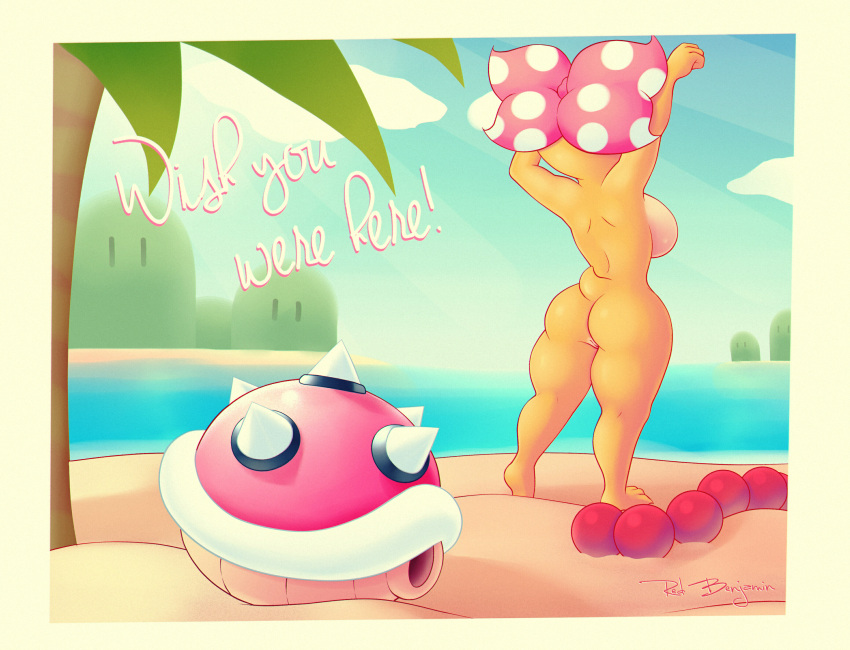 absurd_res accessory anthro back_boob beach border breasts english_text female genitals hair_accessory hair_bow hair_ribbon hi_res jewelry koopa koopaling mario_bros necklace nintendo nude palm_tree plant postcard pussy rear_view ribbons scalie seaside shell-less sirredbenjamin solo text thick_thighs tree video_games wendy_o._koopa white_border wide_hips