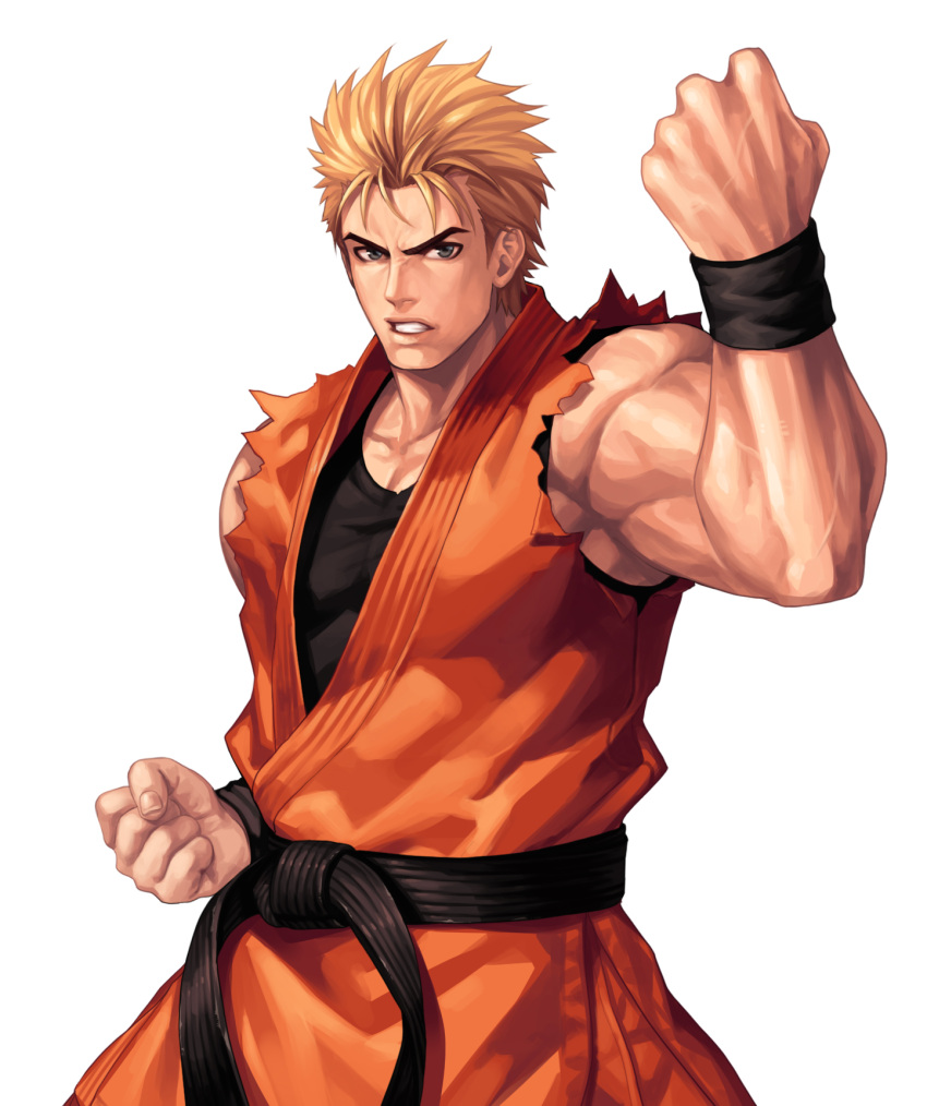 1boy bangs belt biceps black_belt black_shirt blonde_hair blue_eyes clenched_hands collarbone commentary_request cowboy_shot dougi evilgun fighting_stance fingernails hand_up highres looking_at_viewer male_cleavage male_focus muscular muscular_male ryou_sakazaki ryuuko_no_ken serious shirt short_hair simple_background sleeveless sleeveless_shirt solo standing the_king_of_fighters the_king_of_fighters_'97 undershirt white_background