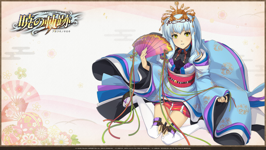 1girl akatsuki_no_kiseki ball black_footwear blue_kimono border breasts crown egasumi eiyuu_densetsu fan folding_fan from_above full_body geta highres hinamatsuri holding holding_fan japanese_clothes kikumon kimono light_blue_hair logo long_hair looking_at_viewer medium_breasts miniskirt obi official_alternate_costume official_art pleated_skirt red_skirt ribbon sakuramon sash simple_background sitting skirt smile solo tabi temari_ball thighhighs thighs tio_plato wallpaper wariza watermark white_legwear white_skirt wide_sleeves yellow_eyes