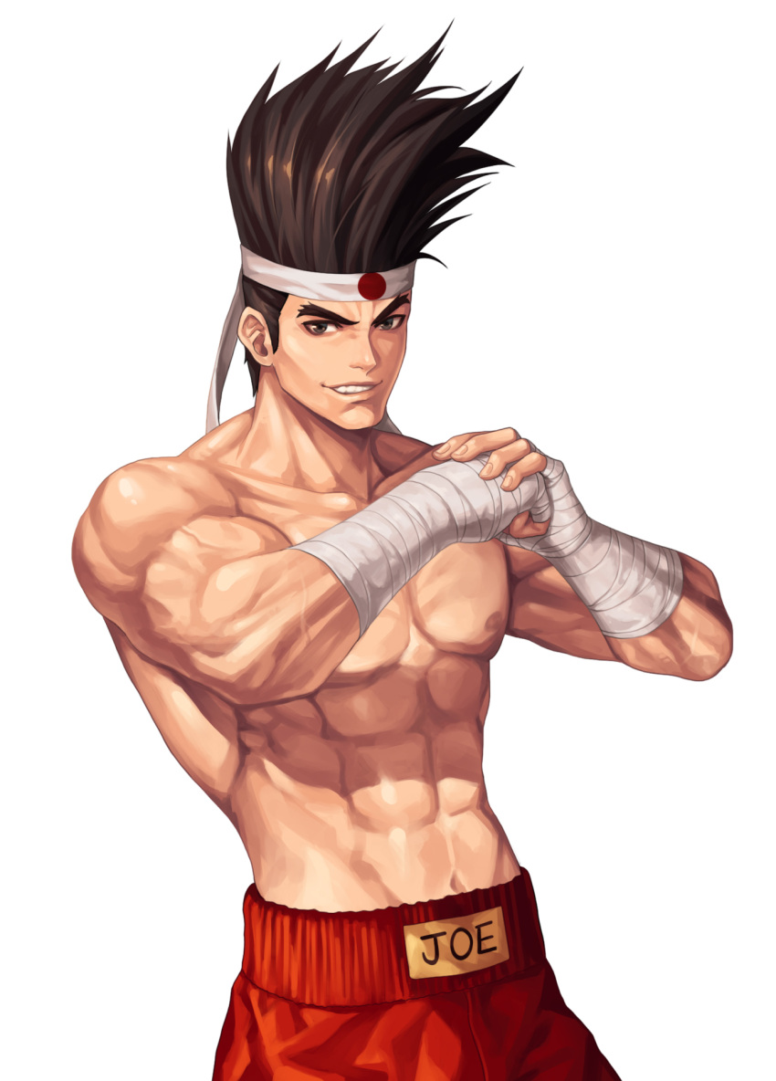1boy abs bandaged_arm bandages biceps brown_eyes brown_hair character_name clenched_hand collarbone commentary_request cowboy_shot evilgun fatal_fury fingernails fist_in_hand grin hachimaki headband highres joe_higashi looking_at_viewer male_focus muscular muscular_male navel nipples pectorals red_shorts shirtless shorts simple_background smile solo standing teeth the_king_of_fighters the_king_of_fighters_'97 veins white_background