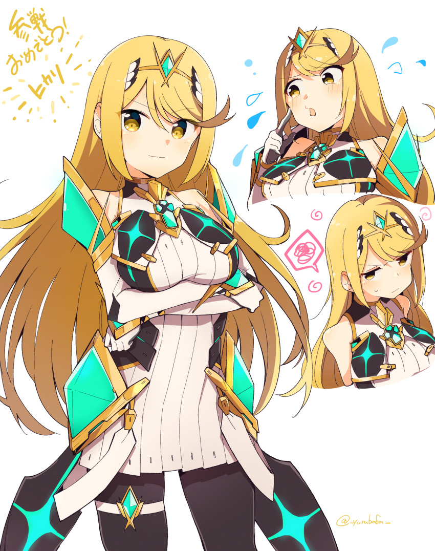absurdres bafarin bangs bare_shoulders blonde_hair breasts chest_jewel dress earrings elbow_gloves gloves highres jewelry large_breasts long_hair mythra_(xenoblade) short_dress super_smash_bros. swept_bangs thigh_strap tiara very_long_hair white_dress white_gloves xenoblade_chronicles_(series) xenoblade_chronicles_2 yellow_eyes