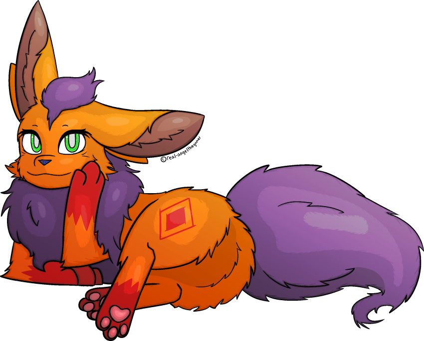 2021 4_legs alpha_channel angelthegamer blue_nose brown_body brown_fur butt eeveelution eyelashes fan_character female feral flareon fur green_eyes hi_res looking_at_viewer lying nintendo on_side orange_body orange_fur pawpads paws pok&eacute;mon pok&eacute;mon_(species) purple_body purple_fur quadruped rear_view red_body red_fur relaxing sheela_(angelthegamer) simple_background smile solo transparent_background video_games