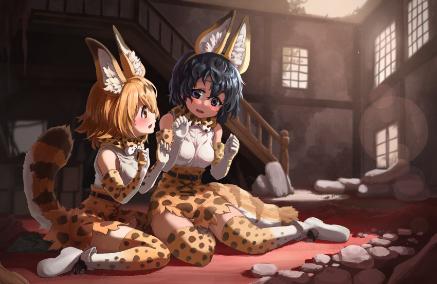 2girls animal_ear_fluff animal_ears bangs bare_shoulders belt black_hair blonde_hair blue_eyes blush bow bowtie curly_hair dress elbow_gloves extra_ears eyebrows_visible_through_hair fake_animal_ears gloves high-waist_skirt highres kaban_(kemono_friends) kemono_friends looking_at_another melaton multiple_girls orange_eyes orange_gloves orange_neckwear orange_skirt print_gloves print_legwear print_neckwear print_skirt serval_(kemono_friends) serval_ears serval_girl serval_print serval_tail shirt short_hair sitting skirt sleeveless sleeveless_shirt smile tail thighhighs wariza white_footwear white_shirt zettai_ryouiki