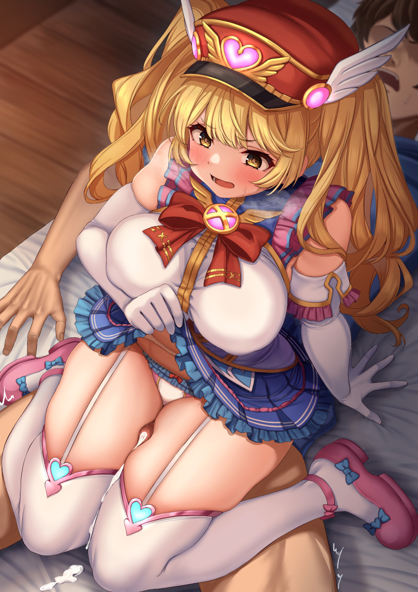 1girl absurdres bandaid bandaid_on_face bangs between_legs between_thighs blonde_hair blush breasts cygames eyebrows_visible_through_hair gran_(granblue_fantasy) granblue_fantasy hat hetero highres large_breasts long_hair looking_at_viewer momo_no_sukebe monika_weisswind open_mouth panties peaked_cap penis pleated_skirt princess_connect! shingeki_no_bahamut skirt thigh_sex thigh_strap thighhighs thighs twintails underwear wavy_hair