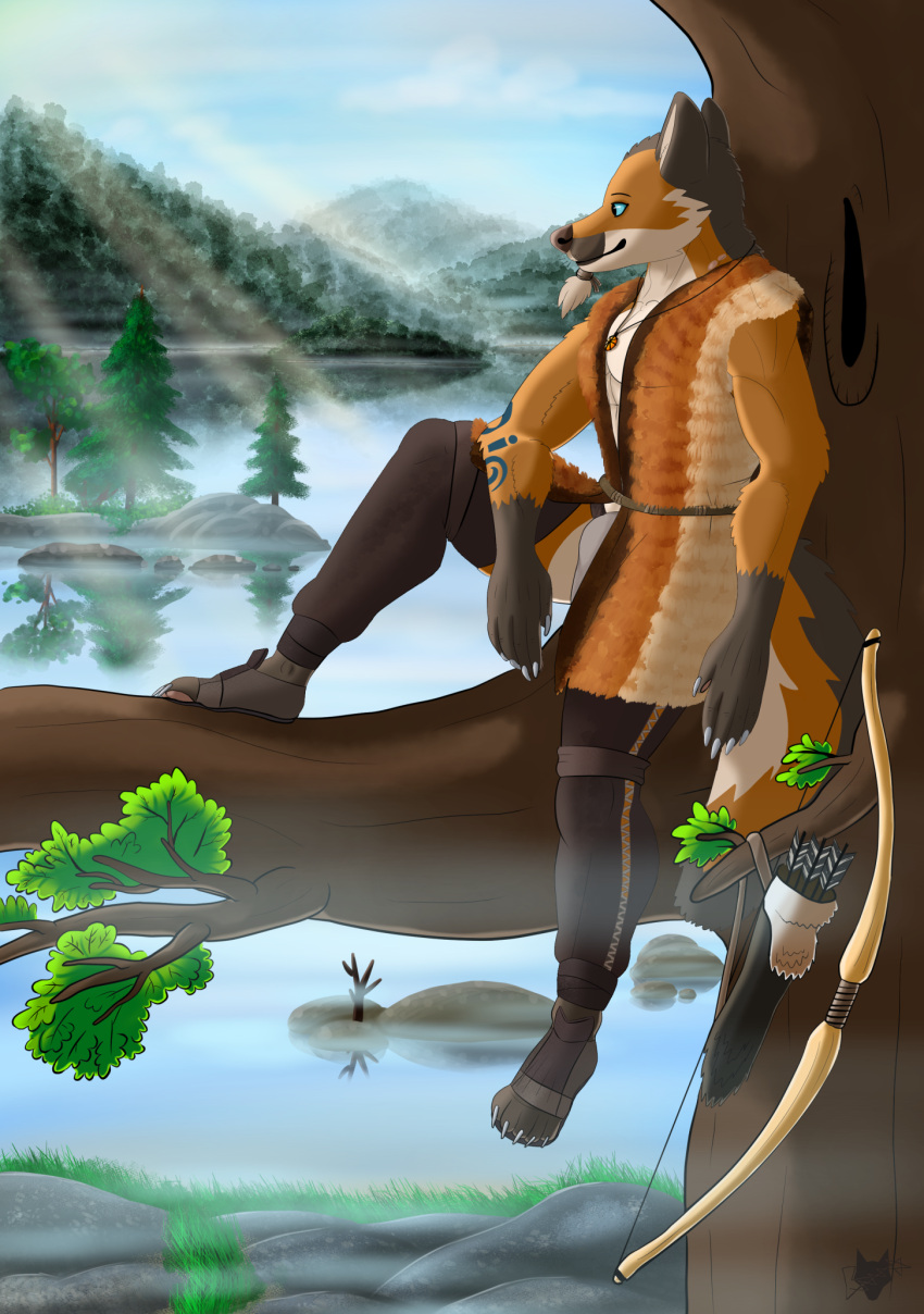 2020 5_fingers 5_toes against_tree anthro arm_markings arrow bottomwear bow_(weapon) branch brown_body brown_fur brown_nose canid canine claws clothed clothing digital_media_(artwork) feet finger_claws fingers foot_wraps fox fur fur_tunic gloves_(marking) hi_res jewelry lake leg_markings leggings legwear loincloth male mammal markings mesolithic multicolored_body multicolored_fur nature necklace on_branch orange_body orange_fur outside plant prehistoric quiver ranged_weapon relaxing sakara shirogu5 signature sitting sitting_on_branch smile socks_(marking) solo toe_claws toes tree tribal tribal_clothing tribal_markings tunic weapon white_body white_fur wraps