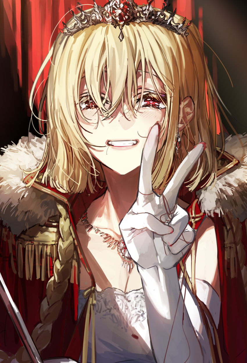 1girl bangs blonde_eyelashes blonde_hair blush breasts cleavage coat dress elbow_gloves freckles gloves hair_between_eyes highres jewelry looking_at_viewer nail_polish necklace original parted_lips pendant red_coat red_eyes red_nails saber_(weapon) short_hair smile solo strapless strapless_dress sword thread tiara upper_body v wattaro weapon white_dress