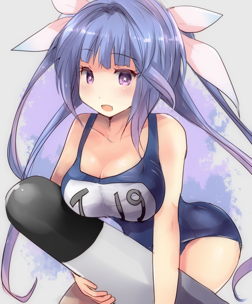 1girl blue_background blue_hair breasts cleavage collarbone eyebrows_visible_through_hair flower-shaped_pupils gradient gradient_background grey_background hair_ribbon highres hirune_(konekonelkk) holding holding_torpedo i-19_(kancolle) kantai_collection large_breasts long_hair looking_at_viewer name_tag one-piece_swimsuit red_eyes ribbon school_swimsuit solo swimsuit symbol-shaped_pupils torpedo tri_tails