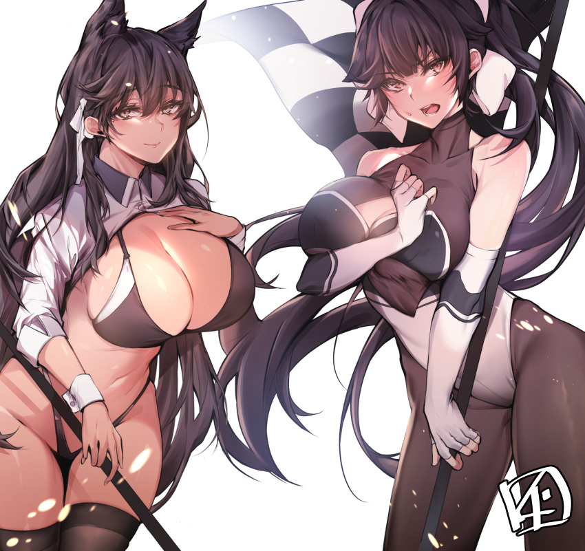 animal_ears atago_(azur_lane) azur_lane bikini bodysuit breast_hold chickenvomit leotard swimsuits takao_(azur_lane) thighhighs