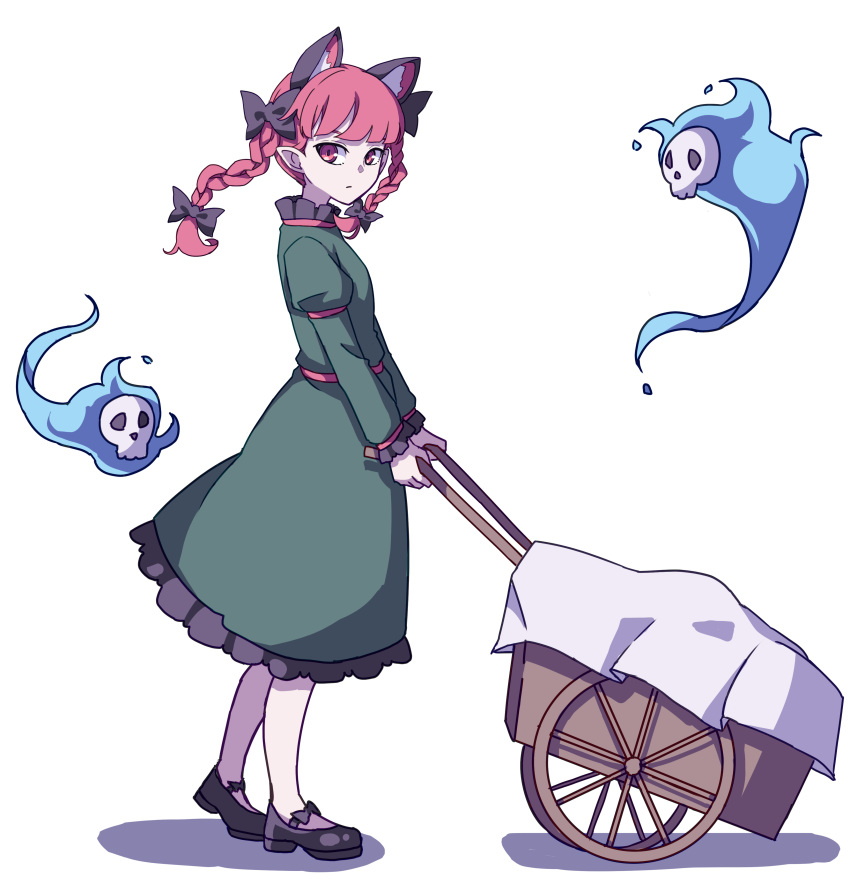 1girl absurdres animal_ears bangs black_bow black_footwear blunt_bangs bow braid cat_ears closed_mouth dress extra_ears eyebrows_behind_hair frilled_dress frills from_side full_body green_dress hair_bow highres hitodama holding juliet_sleeves kaenbyou_rin kame_(kamepan44231) long_hair long_sleeves looking_at_viewer pointy_ears puffy_sleeves red_eyes red_hair shoe_bow shoes side_braids simple_background skull solo standing touhou twin_braids wheelbarrow white_background