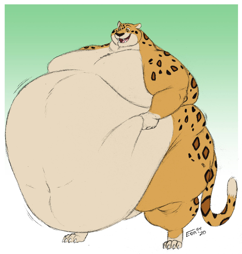 absurd_res anthro belly belly_jiggle belly_overhang belly_pinch big_belly claws eon54 felid fur hand_on_stomach hi_res holding_belly jaguar love_handles male mammal moobs morbidly_obese morbidly_obese_anthro morbidly_obese_male navel nude obese obese_anthro obese_male open_mouth open_smile orange_body orange_fur overweight overweight_anthro overweight_male pantherine smile solo spots spotted_body spotted_fur standing teeth thick_thighs toe_claws tongue