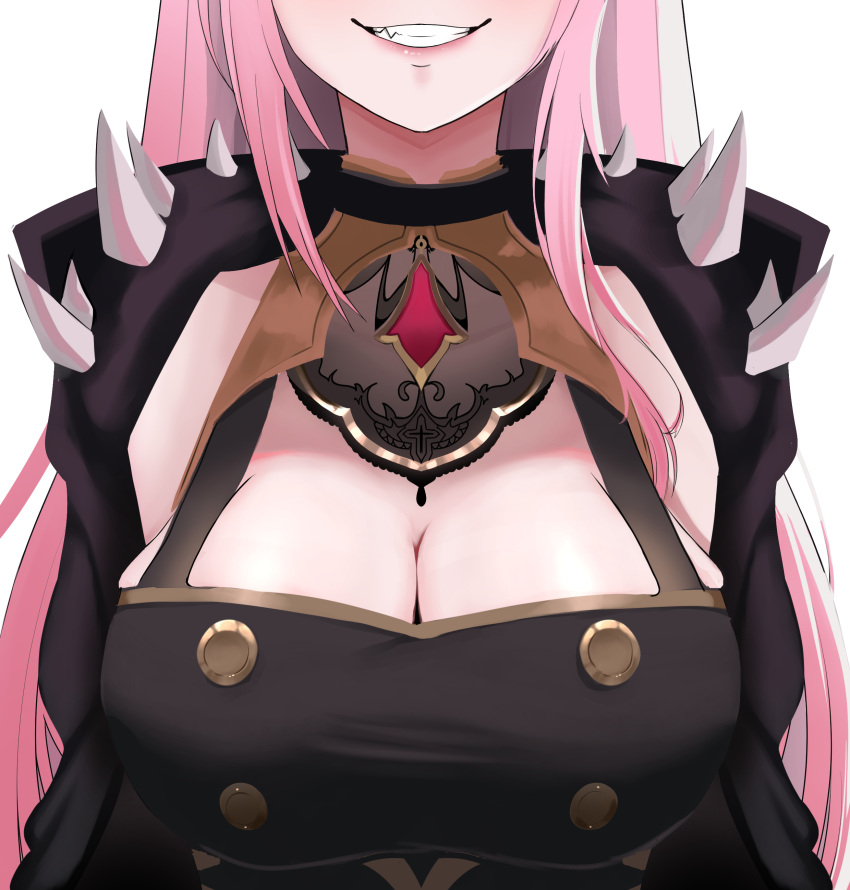 1girl absurdres arms_behind_back black_dress breast_focus breasts cape cleavage cleavage_cutout close-up clothing_cutout dress fang highres hololive hololive_english large_breasts lighto long_hair mori_calliope pink_hair smile solo spikes symbol_commentary white_background