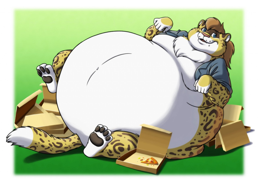 anthro bartolo_polkakitty belly big_belly bottomless chubby_cheeks clothed clothing dewlap_(anatomy) double_chin felid food fur hair hyper hyper_belly leopard love_handles lying male mammal moobs morbidly_obese morbidly_obese_anthro morbidly_obese_male navel obese obese_anthro obese_male on_back open_clothing open_mouth open_shirt open_smile open_topwear orange_body orange_fur overweight overweight_anthro overweight_male pantherine paw_pose pizza pizza_box pokelai pose shirt smile solo spots spotted_body spotted_fur teeth tongue topwear