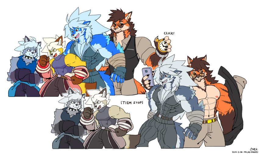 2021 abs anthro belt biceps canid canine canis cheong_hwan clothing digital_media_(artwork) drks fox fur gloves group hair handwear hi_res male mammal muscular muscular_anthro muscular_male nipples pecs sye_(wolfmalro) wolf wolfmalro