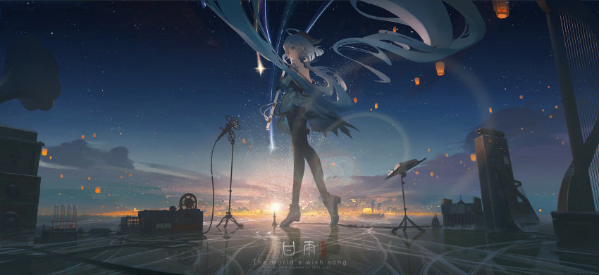 1girl ahoge flute ganyu_(genshin_impact) genshin_impact harp highres horns instrument lantern looking_at_viewer microphone music_stand night night_sky outdoors phonograph scenery shooting_star sky solo standing star_(sky) starry_sky void_0