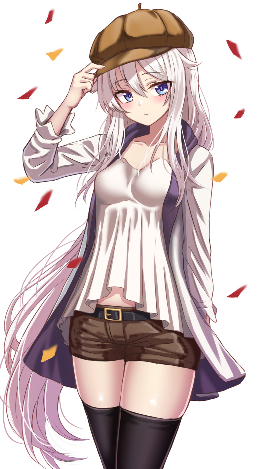 1girl 9a-91_(girls_frontline) black_legwear blue_eyes brown_shorts closed_mouth collarbone cowboy_shot girls_frontline hair_between_eyes hat highres long_hair long_sleeves looking_at_viewer shorts silver_hair simple_background solo thighhighs very_long_hair white_background yakob_labo