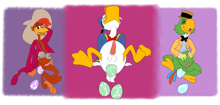 anatid anseriform anthro anus avian balls bird chicken disney donald_duck duck egg galliform gallus_(genus) genitals gettingeggywithit hi_res jos&eacute;_carioca male nude oviposition panchito_pistoles parrot penis phasianid the_three_caballeros trio