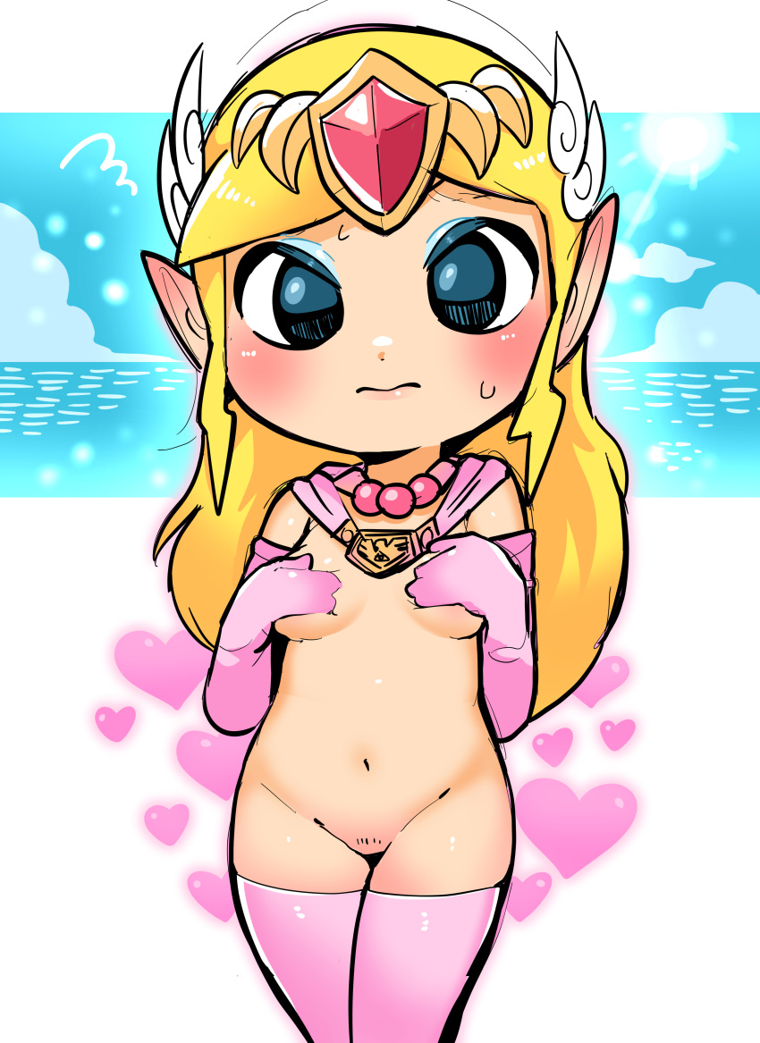 1girl absurdres blonde_hair blush covering covering_breasts elbow_gloves embarrassed gloves heart highres jewelry legs_together long_hair looking_at_viewer necklace ocean pink_gloves pink_legwear pointing princess_zelda pubic_hair solo sun the_legend_of_zelda the_legend_of_zelda:_the_wind_waker thighhighs tiara toon_zelda tory_(tory29)