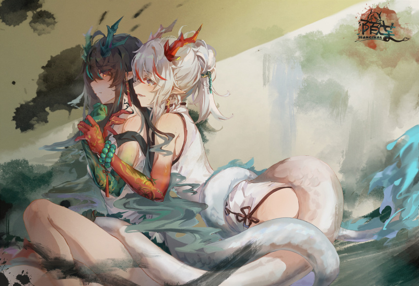 2girls arknights black_hair chinese_clothes chinese_dress dress dusk_(arknights) horns hug moyu_marginal nian_(arknights) pointed_ears shoujo_ai tail tattoo watermark white_hair yellow_eyes