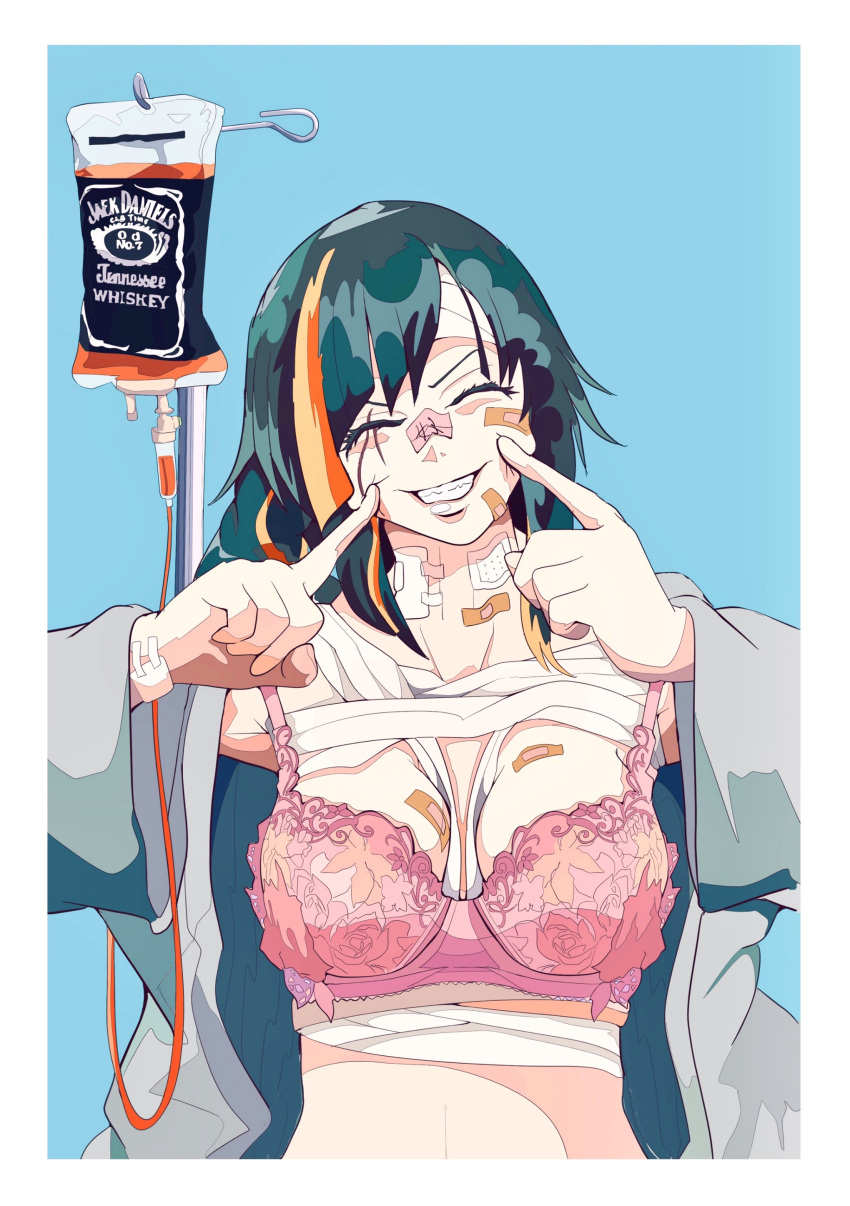 1girl absurdres assault_rifle bandages bandaid bandaid_on_face blue_eyes border bra breasts cleavage closed_eyes collarbone fingersmile girls_frontline green_hair gun highres intravenous_drip jack_daniel's lace-trimmed_bra lace_trim long_hair m16 m16a1_(girls_frontline) medium_breasts multicolored_hair open_clothes orange_hair pink_bra pink_hair rifle smile solo streaked_hair todoroki_mushi underwear upper_body weapon white_border