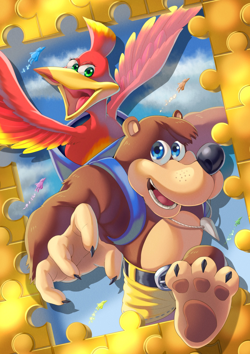 1boy 1girl absurdres backpack bag banjo banjo-kazooie banjo_(banjo-kazooie) bear bird blue_eyes brown_hair feathers green_eyes highres instrument kazooie_(banjo-kazooie) looking_at_viewer open_mouth smile sumaboooo super_smash_bros. wings