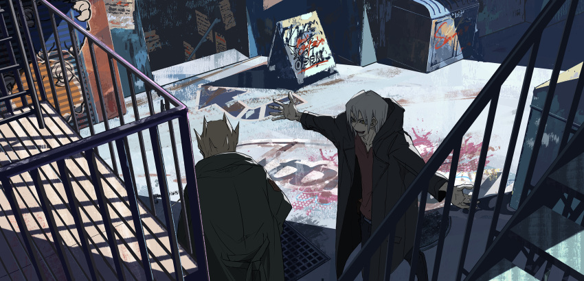 2boys arrow_(symbol) balcony bangs black_coat black_pants blonde_hair coat commentary_request cowboy_shot dumpster from_above graffiti grate green_coat highres jack_atlas kiryuu_kyousuke looking_at_another male_focus manhole medium_hair morikura_(tytoalbaski) multiple_boys open_mouth outstretched_arms pants railing red_shirt scapegoat shirt short_hair sign spiked_hair spread_arms stairs standing white_hair yellow_eyes yu-gi-oh! yu-gi-oh!_5d's
