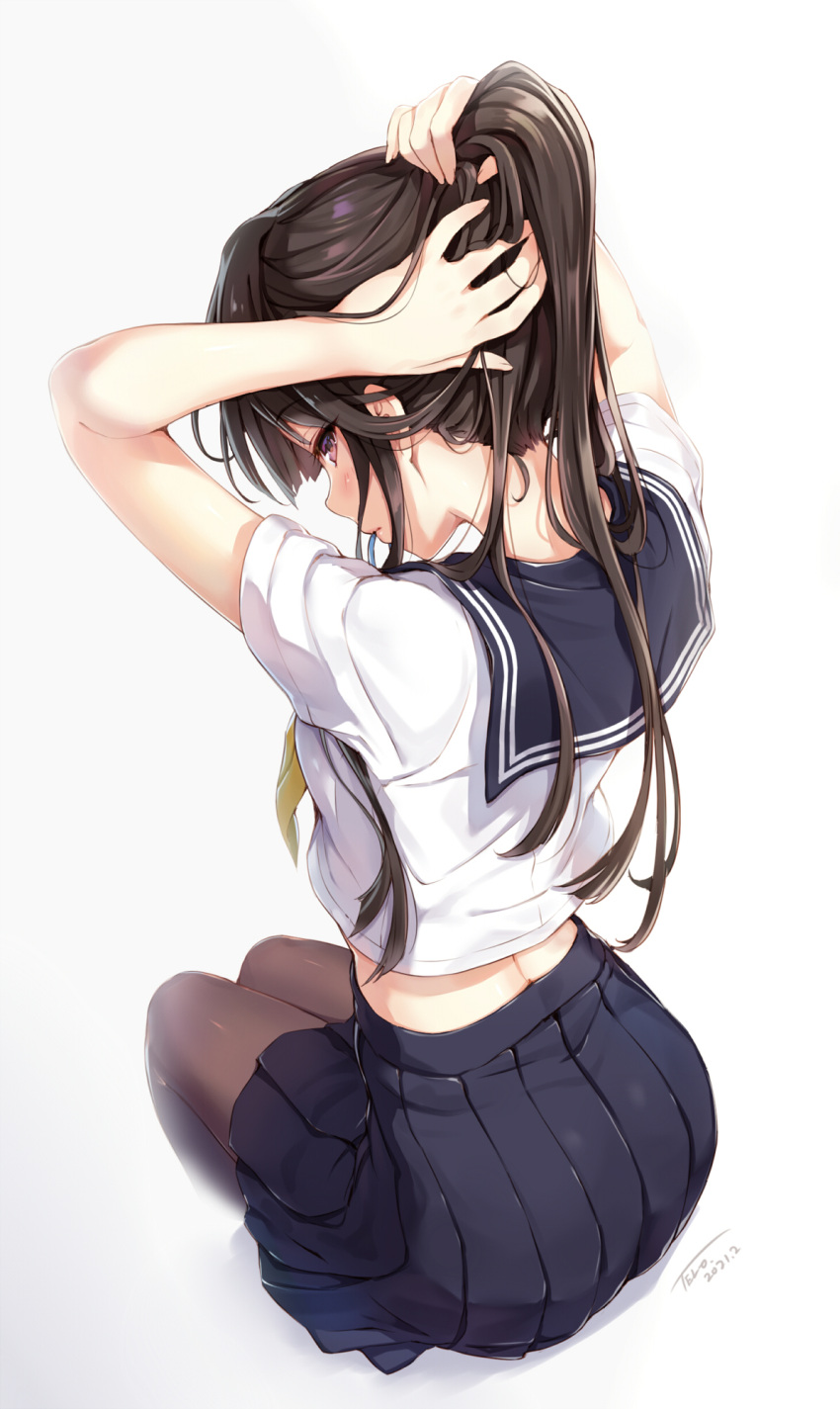 1girl arms_up artist_name ass back bangs black_legwear blue_skirt blush brown_hair commentary_request dated eyebrows_visible_through_hair from_behind hair_tie hair_tie_in_mouth highres invisible_chair legs_together long_hair looking_at_viewer looking_back midriff_peek mouth_hold neckerchief original pantyhose pleated_skirt ponytail profile purple_eyes sailor_collar school_uniform serafuku shirt short_sleeves signature sitting skirt solo tel-o tying_hair white_shirt yellow_neckwear