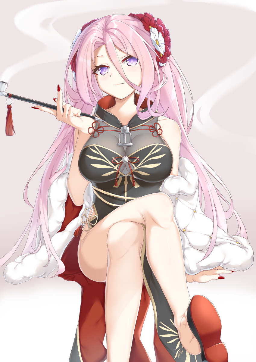 1girl absurdres azur_lane bangs bare_legs bare_shoulders barefoot blush breasts china_dress chinese_clothes cleavage clip_studio_paint_(medium) coat dress eyebrows_visible_through_hair eyelashes flower gradient gradient_background hair_flower hair_ornament highres holding holding_pipe karla_(kimidori3) knees lexington_(azur_lane) lexington_(the_beauty_of_spring)_(azur_lane) long_hair looking_at_viewer nail_polish pale_skin pink_hair pipe purple_eyes shoe_dangle sitting smile smoke toes white_coat