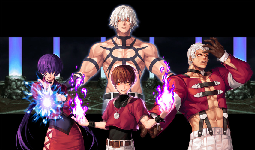1girl 3boys abs arm_up bangs belt biceps black_belt black_choker black_shirt blurry blurry_background breasts brown_belt brown_gloves brown_hair buttons choker chris_(kof) cleavage cleavage_cutout closed_mouth clothing_cutout collarbone commentary_request covered_collarbone covered_navel cowboy_shot crop_top cropped_jacket earrings energy evil_smile evilgun fingernails fire gloves hair_between_eyes hair_over_eyes hand_up hands_up heart heart_choker highres jacket jewelry large_breasts lips long_hair long_sleeves looking_at_viewer low_twintails miniskirt multiple_boys muscular muscular_male nanakase_yashiro navel necklace nipples open_mouth orange_eyes orochi_(kof) orochi_chris orochi_shermie orochi_yashiro outstretched_arms pants parted_lips pectorals purple_fire purple_hair pyrokinesis red_jacket red_shirt red_skirt serious shermie_(kof) shiny shiny_hair shiny_skin shirt shirt_tucked_in shirtless short_hair skirt sleeveless sleeveless_shirt smile smirk spread_arms standing suspenders tattoo the_king_of_fighters the_king_of_fighters_'97 tied_hair turtleneck twintails upper_teeth white_hair white_pants wristband