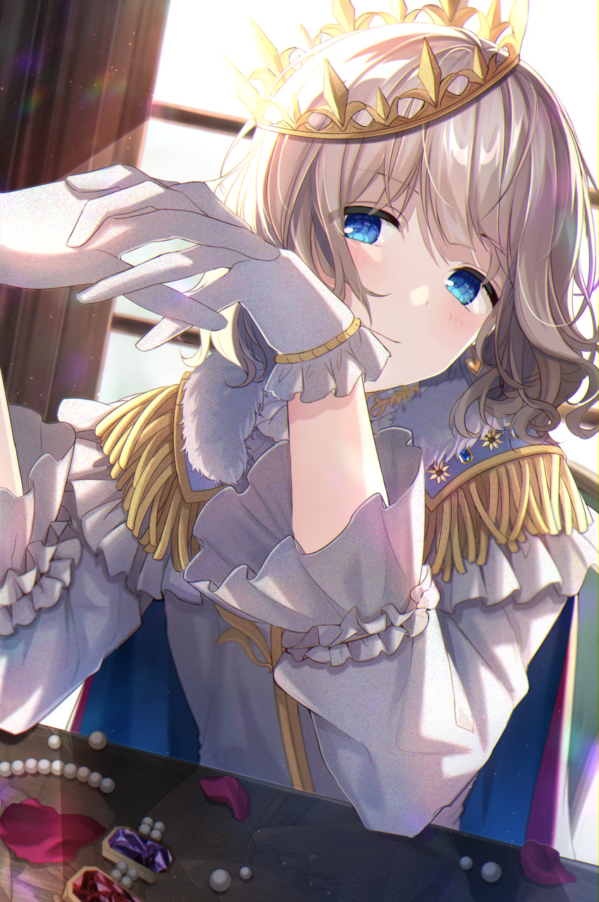1girl absurdres blue_cape blue_eyes blush cape commentary crown dot_nose epaulettes film_grain frilled_sleeves frills from_below fur-trimmed_collar gem_request gloves grey_hair highres idolmaster idolmaster_shiny_colors interlocked_fingers jewelry long_sleeves looking_at_viewer looking_down necklace pearl_(gemstone) pearl_necklace petals puffy_sleeves satoimo_chika serizawa_asahi shirt short_hair smile solo upper_body white_gloves white_shirt window