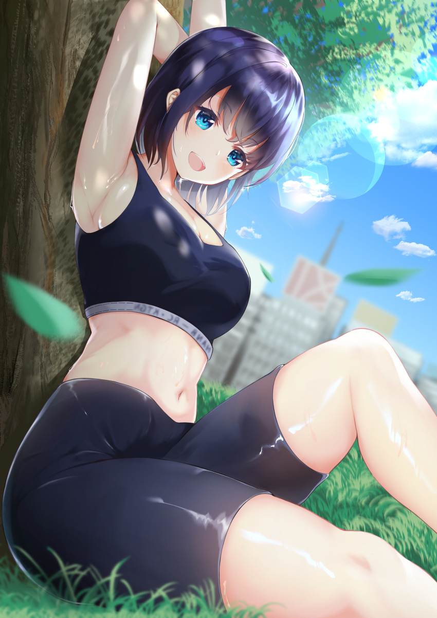 1girl :d absurdres against_tree armpits arms_behind_head arms_up bangs bike_shorts black_shorts black_sports_bra blue_eyes blurry blush breasts building dappled_sunlight day depth_of_field dripping dutch_angle eyebrows_visible_through_hair grass head_tilt highres kdu knee_up leaf lens_flare looking_at_viewer midriff moe2021 navel on_ground open_mouth original outdoors purple_hair shade shiny shiny_skin short_hair shorts sitting sleeveless smile solo sports_bra sunlight sweat tree tree_shade under_tree