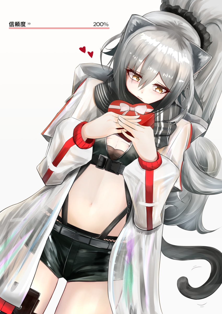 1girl animal_ear_fluff animal_ears arknights bangs belt black_belt black_scarf black_shorts blush box breasts cat_ears cat_tail cleavage closed_mouth commentary_request cowboy_shot crop_top depayama_(depaty) ear_piercing eyebrows_visible_through_hair gift gift_box hair_between_eyes heart-shaped_box highres holding holding_gift jacket large_breasts long_hair long_ponytail looking_away midriff navel open_clothes open_jacket piercing ponytail scarf schwarz_(arknights) see-through sheer_clothes short_shorts shorts sidelocks silver_hair solo standing striped striped_scarf tail tail_wagging translation_request underbust valentine yellow_eyes