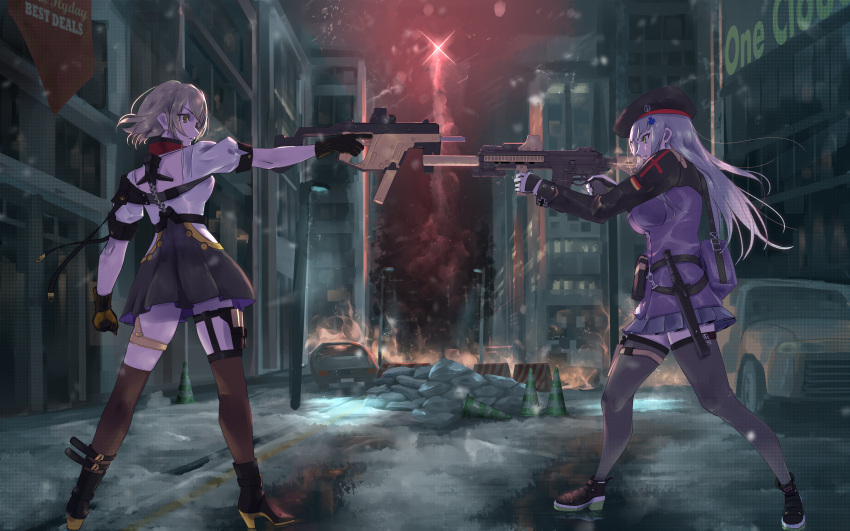 2girls absurdres aiming assault_rifle car fingerless_gloves fire girls_frontline gloves ground_vehicle gun h&amp;k_hk416 highres hk416_(girls_frontline) kriss_vector motor_vehicle multiple_girls night night_sky rifle shu70077 sky snowing submachine_gun suppressor tom_clancy's_the_division vector_(girls_frontline) weapon