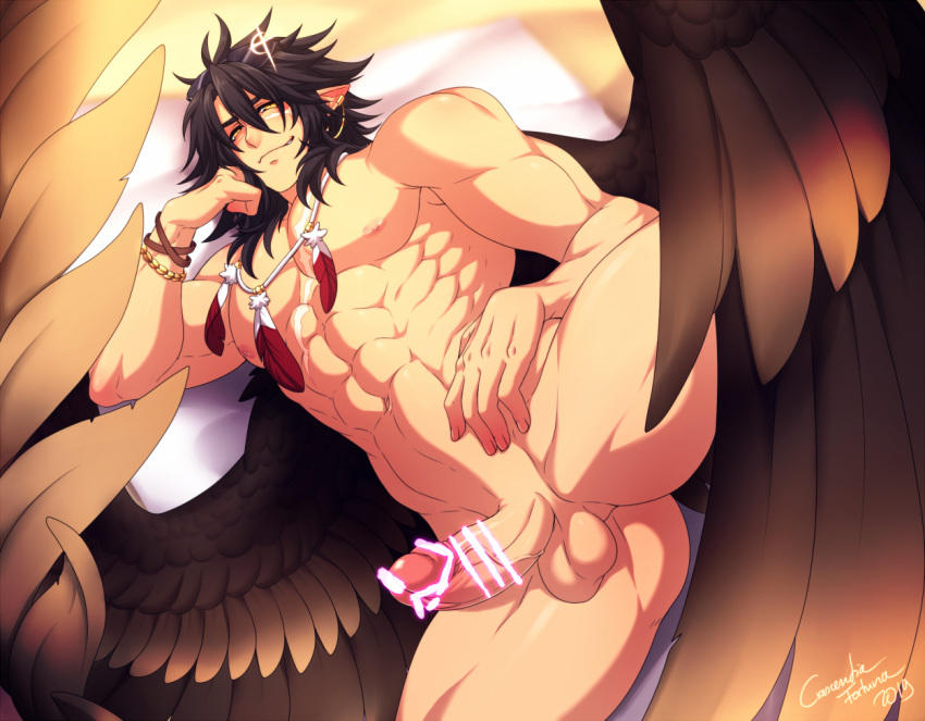 1boy abs ass_visible_through_thighs bar_censor bara black_hair censored completely_nude crescentia elbow_rest erection feather_necklace feathered_wings fire_emblem fire_emblem:_radiant_dawn large_pectorals looking_at_viewer lying male_focus medium_hair muscular muscular_male navel nipples nude on_bed on_side penis pointy_ears sidelocks smug solo spread_legs spread_wings stomach thick_thighs thighs tibarn_(fire_emblem) wings yellow_eyes