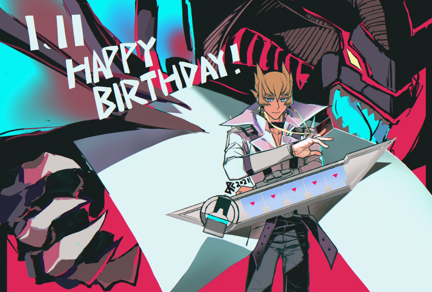 1boy absurdres black_pants blonde_hair card closed_mouth coat commentary_request cowboy_shot dated dragon dragoncrest duel_disk duel_monster hair_between_eyes happy_birthday highres holding holding_card huge_filesize jack_atlas looking_at_viewer pants purple_eyes red_dragon_archfiend shirt short_hair smile spiked_hair standing white_coat white_shirt yu-gi-oh! yu-gi-oh!_5d's