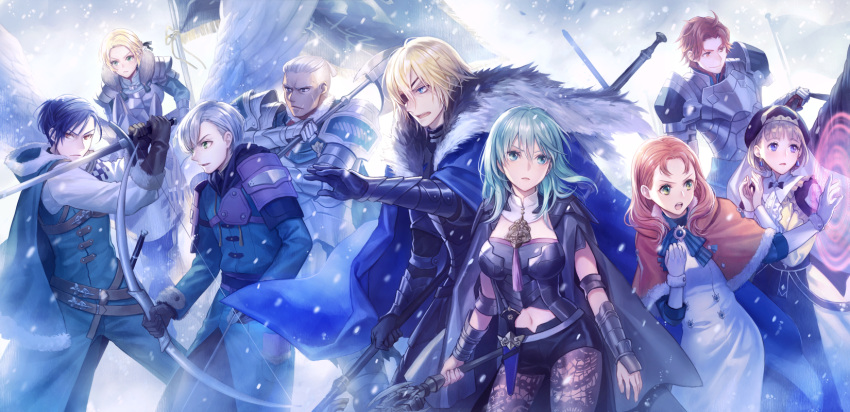 4girls 5boys ahoge annette_fantine_dominic armor armored_dress arrow_(projectile) ashe_ubert axe bangs black_gloves black_legwear blizzard blonde_hair blue_bow blue_eyes blue_hair blue_neckwear bow bow_(weapon) bowtie bracer breastplate breasts byleth_(fire_emblem) byleth_(fire_emblem)_(female) cape capelet clothing_cutout commentary_request cowboy_shot dagger dedue_molinaro detached_collar dimitri_alexandre_blaiddyd dress earrings eyebrows_visible_through_hair eyepatch felix_hugo_fraldarius fire_emblem fire_emblem:_three_houses flag fur-trimmed_gloves fur_trim gauntlets gloves green_eyes green_hair habit hair_between_eyes hair_ribbon hands_together highres holding holding_sword holding_weapon horseback_riding ingrid_brandl_galatea jewelry lance large_breasts long_hair looking_to_the_side magic medium_breasts medium_hair mercedes_von_martritz midriff miniskirt multiple_boys multiple_girls navel navel_cutout open_mouth orange_hair pants pantyhose parted_bangs parted_lips pegasus_knight polearm profile purple_eyes red_eyes red_hair ribbon riding short_hair sidelocks silver_hair skirt snow standing sword sword_of_the_creator sylvain_jose_gautier twitter_username vambraces weapon white_dress white_gloves yamyom