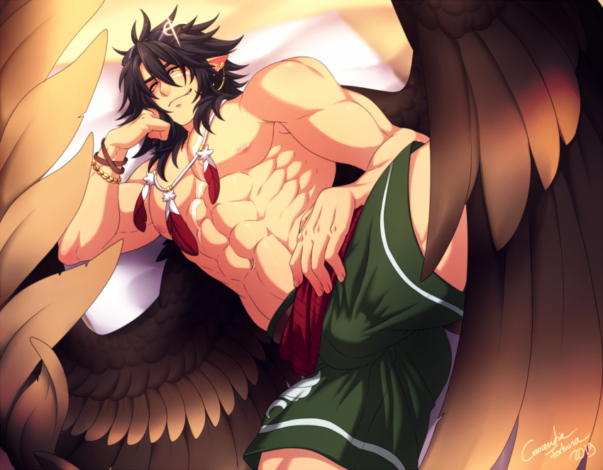 1boy abs ass_visible_through_thighs bara black_hair bulge crescentia elbow_rest feather_necklace feathered_wings fire_emblem fire_emblem:_radiant_dawn green_shorts large_pectorals looking_at_viewer lying male_focus medium_hair muscular muscular_male navel nipples on_bed on_side pointy_ears shirtless shorts sidelocks smug solo spread_legs spread_wings stomach thick_thighs thighs tibarn_(fire_emblem) wings yellow_eyes