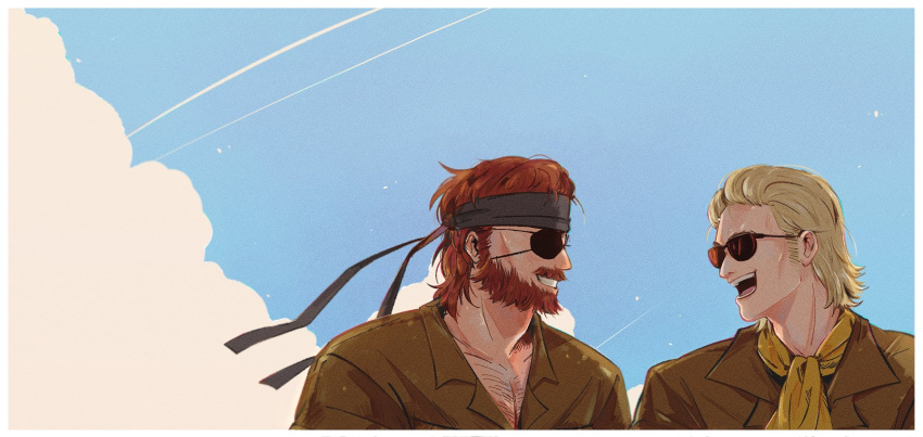 2boys :d bandana beard big_boss blonde_hair blue_sky border brown_hair chest_hair cloud collarbone english_commentary eyepatch facial_hair film_grain from_side highres kazuhira_miller looking_at_another male_focus metal_gear_(series) mullet multiple_boys mustache open_mouth res_(spkofthdvl) sky smile sunglasses upper_body white_border yellow_neckwear