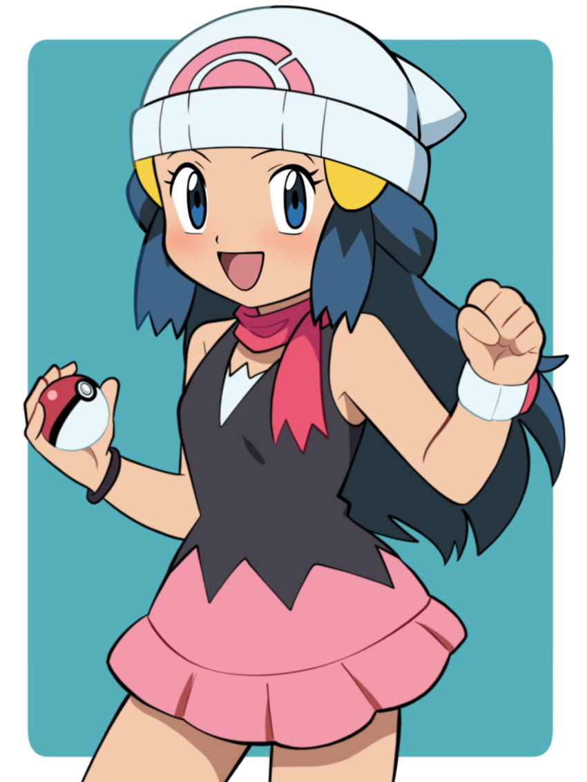 1girl :d beanie blue_eyes blue_hair blush bracelet clenched_hand commentary_request cowboy_shot dawn_(pokemon) eyelashes hair_ornament hairclip hands_up hat highres holding holding_poke_ball jewelry long_hair looking_at_viewer open_mouth poke_ball poke_ball_(basic) pokemon pokemon_(anime) pokemon_dppt_(anime) scarf sidelocks sleeveless smile solo tongue white_headwear yume_yoroi