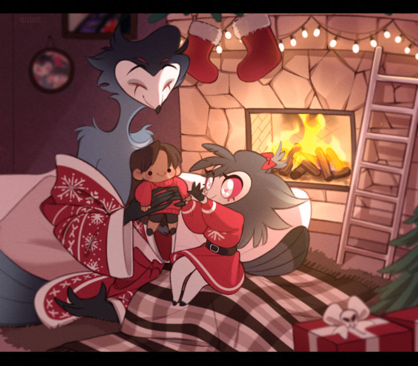 &lt;3 &lt;3_eyes anthro bathrobe blurred_foreground child christmas christmas_lights clothing daughter demon doll dress eustass father female fireplace gift helluva_boss holidays ladder light lighting male narrowed_eyes octavia_(vivzmind) parent plushie robe stolas_(vivzmind) young