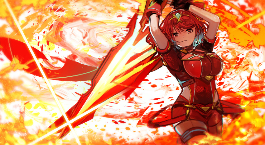 1girl absurdres arms_up bangs black_gloves breasts chest_jewel closed_mouth commentary_request earrings fingerless_gloves fire gloves highres holding holding_sword holding_weapon huge_filesize jewelry large_breasts pyra_(xenoblade) red_eyes red_hair red_legwear red_shorts short_hair short_shorts shorts smile solo swept_bangs sword tarbo_(exxxpiation) thighhighs tiara weapon xenoblade_chronicles_(series) xenoblade_chronicles_2