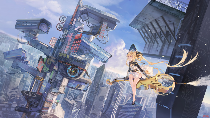 armor atdan blonde_hair building camera city clouds dress gloves goth-loli hat instrument lolita_fashion long_hair magic red_eyes shian_(synthv) signed sky synthesizer_v witch_hat