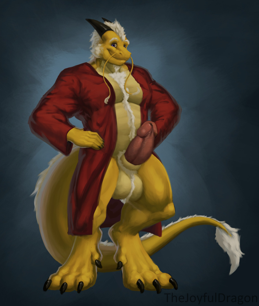 absurd_res animal_genitalia anthro aurameer balls beard clothing coat dragon facial_hair father feet genitals hi_res male muscular muscular_anthro muscular_male nipples parent paws penis sheath slightly_chubby solo thejoyfuldragon topwear whiskers