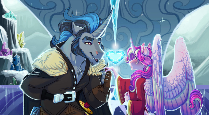 2019 5_fingers anthro black_hair blue_hair clothed clothing digital_media_(artwork) duo earthsong9405 equine feathered_wings feathers female friendship_is_magic hair horn king_sombra_(mlp) male mammal my_little_pony purple_feathers red_eyes royalty smile unicorn winged_unicorn wings