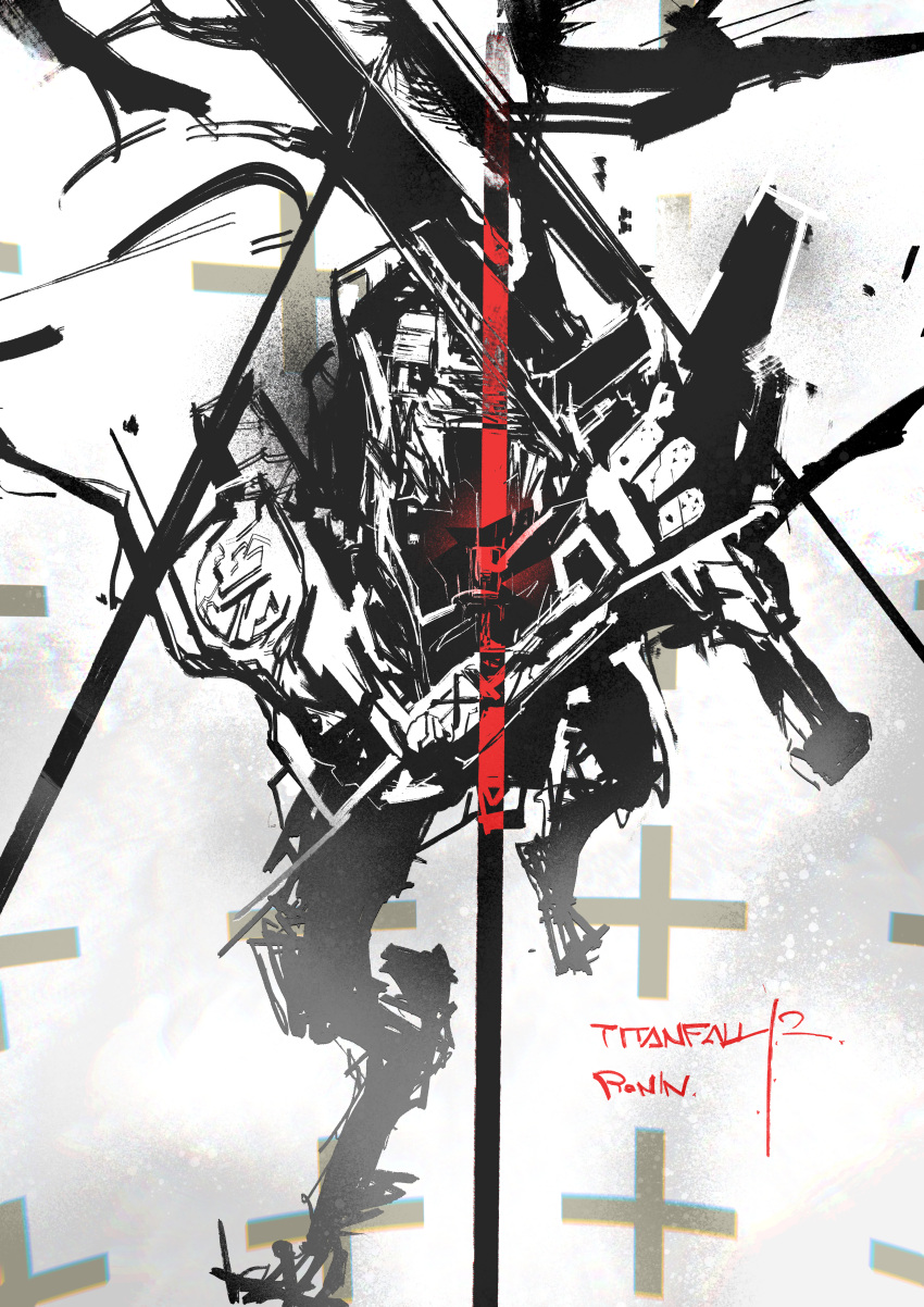 absurdres character_name copyright_name highres holding holding_sword holding_weapon huge_filesize looking_at_viewer mecha monochrome no_humans ronin_(titanfall_2) running science_fiction shake_(shyakep) solo spot_color sword titanfall_(series) titanfall_2 weapon